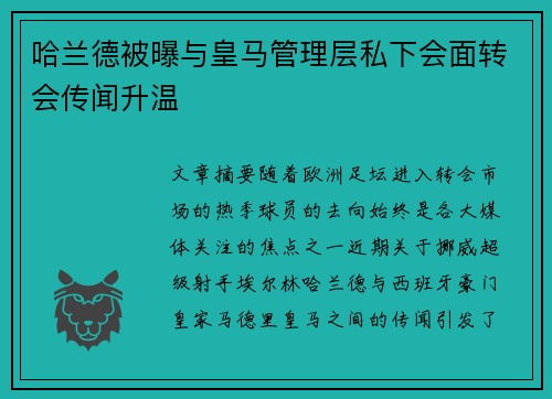 哈兰德被曝与皇马管理层私下会面转会传闻升温 哈兰德被曝与皇马管理层私下会面转会传闻升温